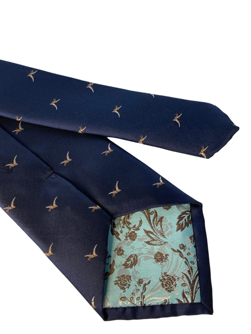 navy mens tie with pterodactyl flying dinosaur quirky design